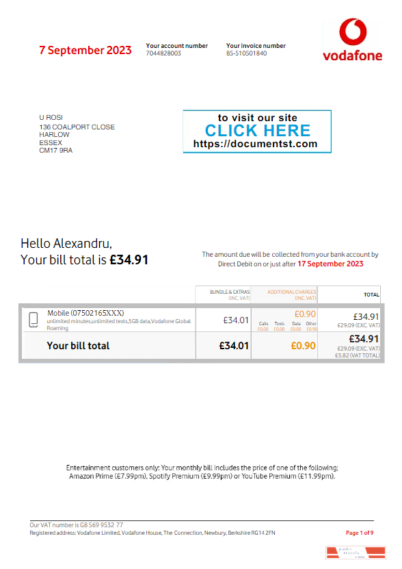 UNITED KINGDOM VODAFONE utility bill Word and PDF template, version 3